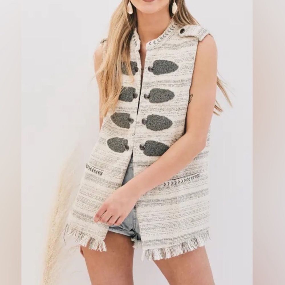 Adore Cream Embellished Boho Chic Vest Jacket